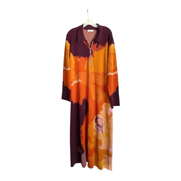 Rodebjer Clemins Knit Maxi Dress Long Sleeve Orange Abstract Art Print Size XL