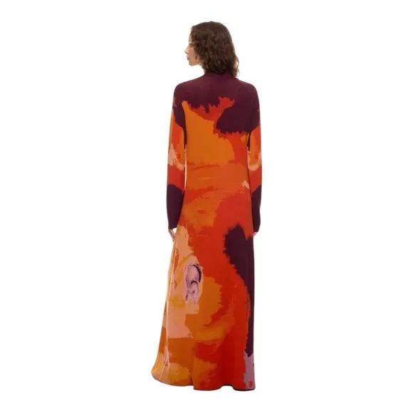 Rodebjer Clemins Knit Maxi Dress Long Sleeve Orange Abstract Art Print Size XL