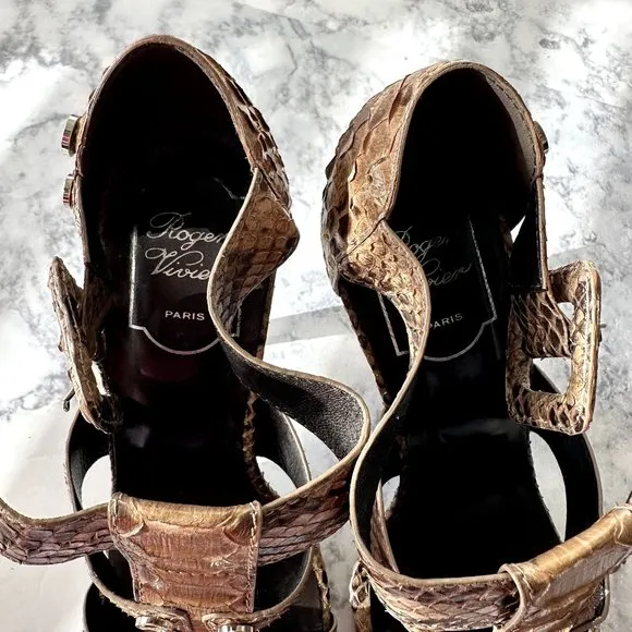 Roger Vivier Brown Snakeskin Buckle Heels