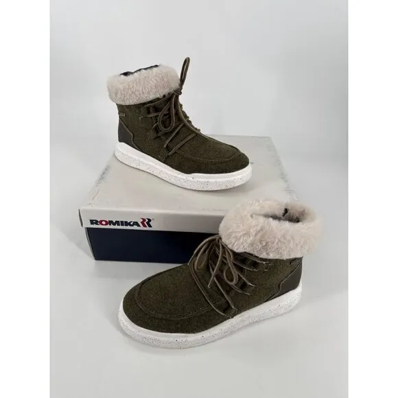 Romika Womens Ankle Boot Olive Green Fleece Faux Fur Lining Size 37 6 6.5 NIB