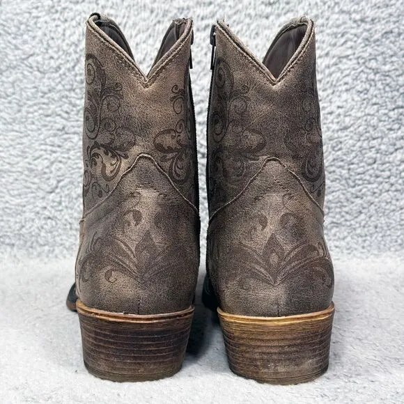 Roper Short Stuff Womens Size 7.5 Western Boots Brown Faux Leather Embroidered