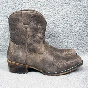 Roper Short Stuff Womens Size 7.5 Western Boots Brown Faux Leather Embroidered