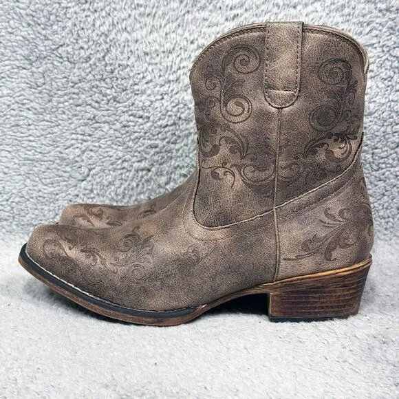 Roper Short Stuff Womens Size 7.5 Western Boots Brown Faux Leather Embroidered