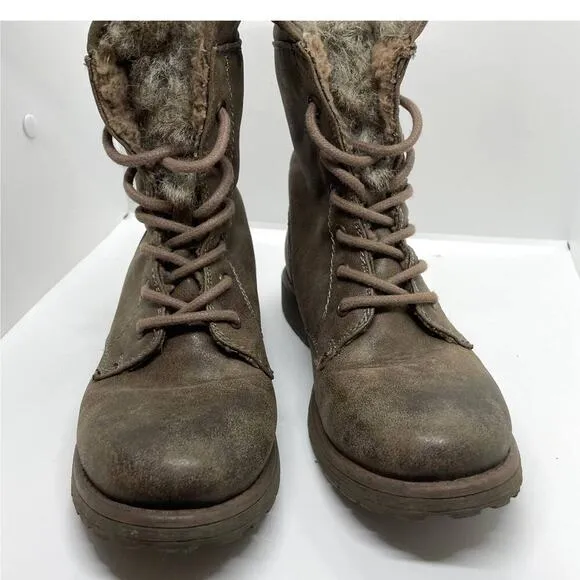Roxy Faux Fur Trimmed Lace Up Dark Gray Brown Moto Boots Vintage 1990 Size 7 NEW