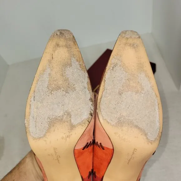 Salvatore Ferragamo Heels Womens Size 7.5 B Red Suede Patchwork Pumps Shoes Shoe