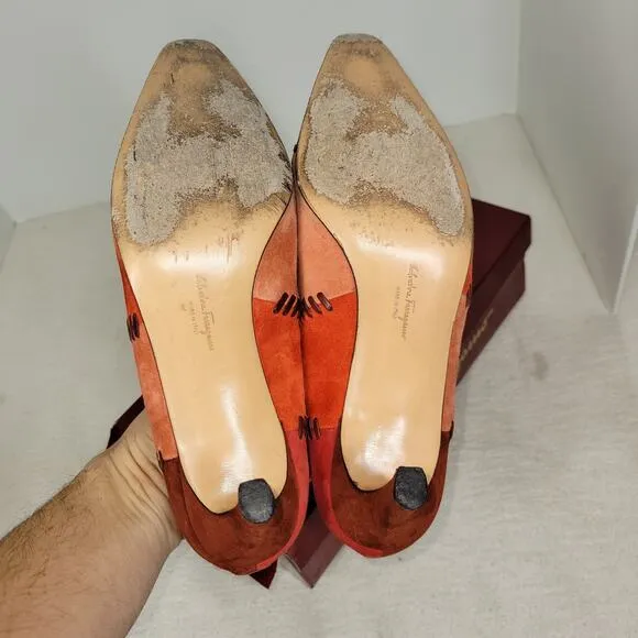 Salvatore Ferragamo Heels Womens Size 7.5 B Red Suede Patchwork Pumps Shoes Shoe