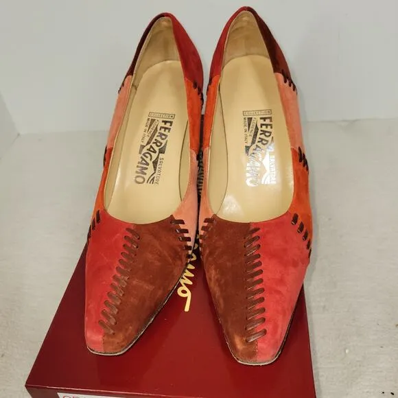 Salvatore Ferragamo Heels Womens Size 7.5 B Red Suede Patchwork Pumps Shoes Shoe