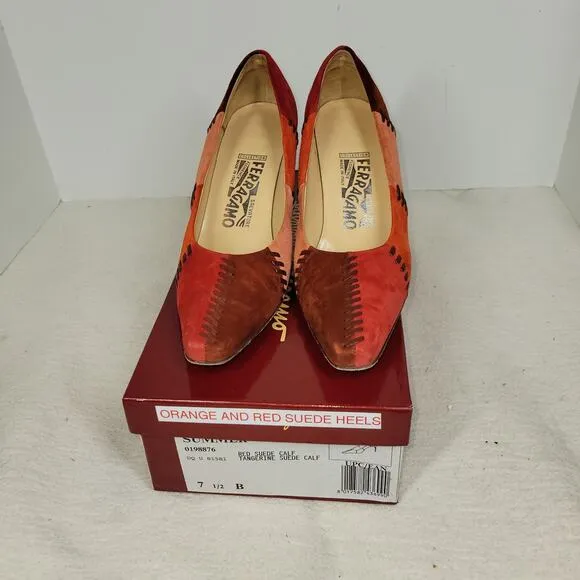 Salvatore Ferragamo Heels Womens Size 7.5 B Red Suede Patchwork Pumps Shoes Shoe
