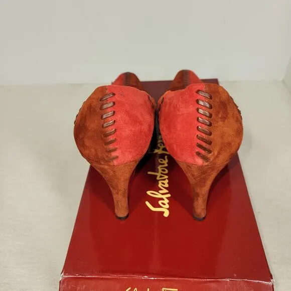 Salvatore Ferragamo Heels Womens Size 7.5 B Red Suede Patchwork Pumps Shoes Shoe