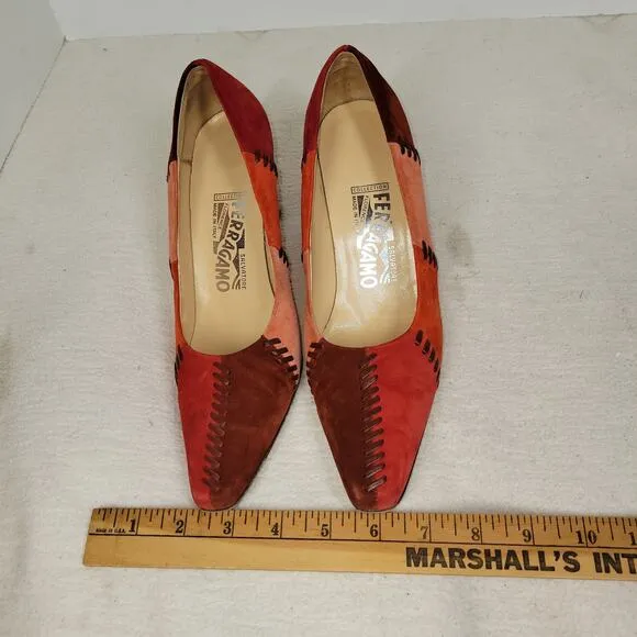 Salvatore Ferragamo Heels Womens Size 7.5 B Red Suede Patchwork Pumps Shoes Shoe