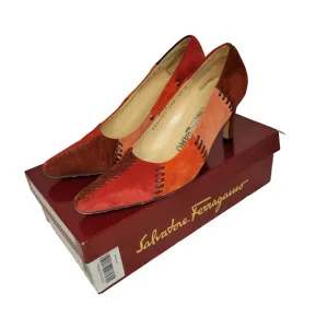 Salvatore Ferragamo Heels Womens Size 7.5 B Red Suede Patchwork Pumps Shoes Shoe