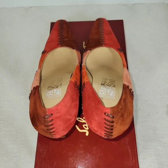 Salvatore Ferragamo Heels Womens Size 7.5 B Red Suede Patchwork Pumps Shoes Shoe