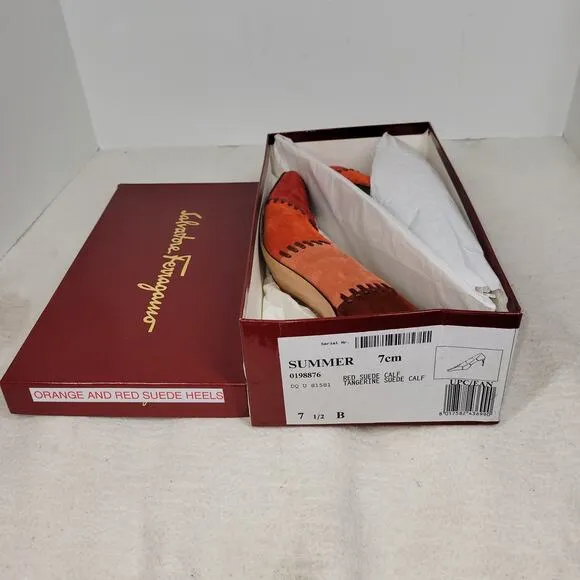 Salvatore Ferragamo Heels Womens Size 7.5 B Red Suede Patchwork Pumps Shoes Shoe