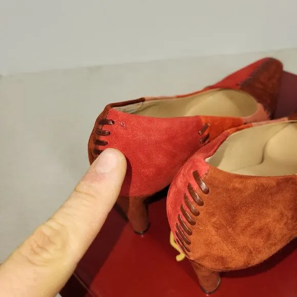 Salvatore Ferragamo Heels Womens Size 7.5 B Red Suede Patchwork Pumps Shoes Shoe