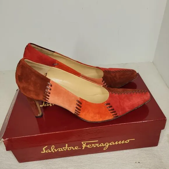 Salvatore Ferragamo Heels Womens Size 7.5 B Red Suede Patchwork Pumps Shoes Shoe