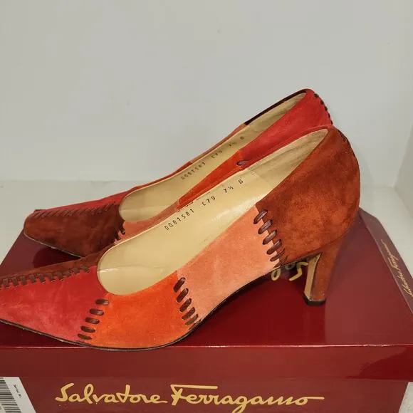 Salvatore Ferragamo Heels Womens Size 7.5 B Red Suede Patchwork Pumps Shoes Shoe