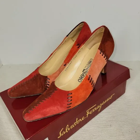 Salvatore Ferragamo Heels Womens Size 7.5 B Red Suede Patchwork Pumps Shoes Shoe