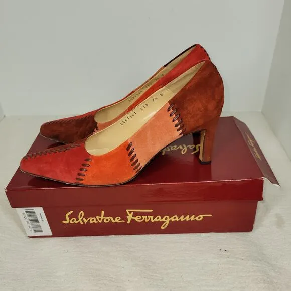 Salvatore Ferragamo Heels Womens Size 7.5 B Red Suede Patchwork Pumps Shoes Shoe