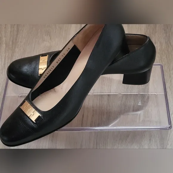 Salvatorre Ferrangano Black Heels With Gold Detail, Italian Leather, 9.5