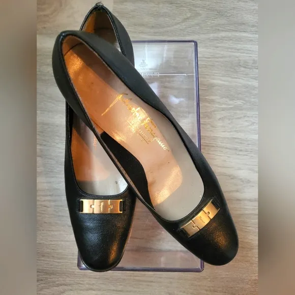 Salvatorre Ferrangano Black Heels With Gold Detail, Italian Leather, 9.5