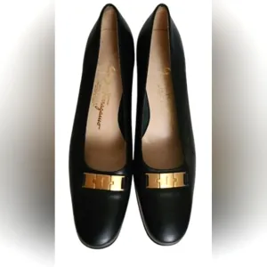 Salvatorre Ferrangano Black Heels With Gold Detail, Italian Leather, 9.5