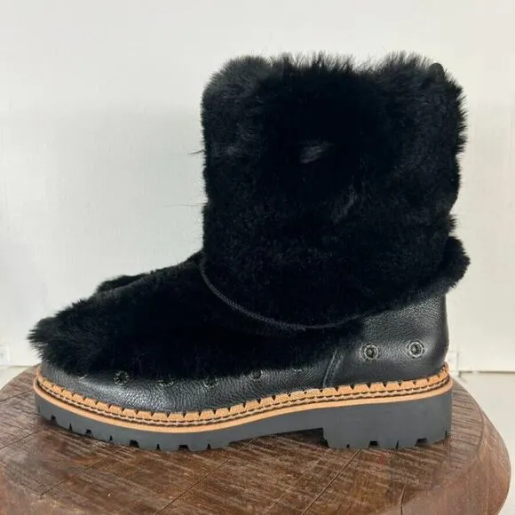 Sam Edelman Boots Women's Size 7.5 Blanche Black Leather Faux Fur Pom Pom Ankle