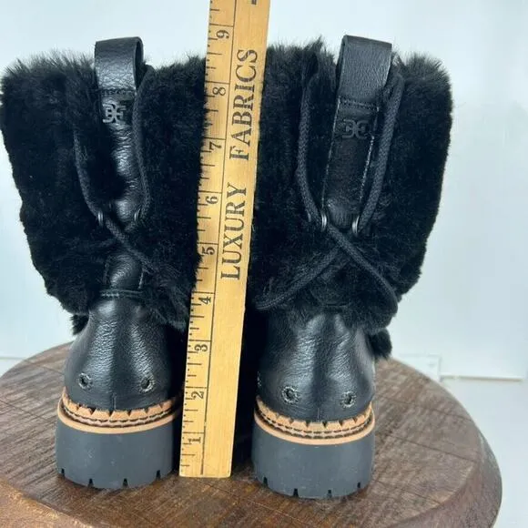 Sam Edelman Boots Women's Size 7.5 Blanche Black Leather Faux Fur Pom Pom Ankle