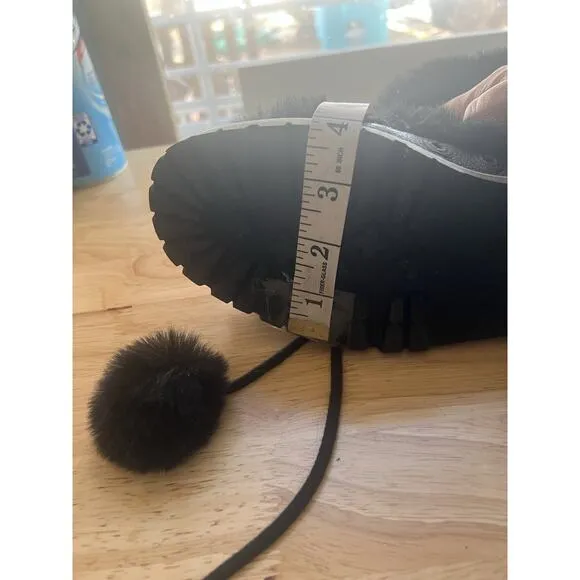 Sam Edelman Boots Women's Size 7.5 Blanche Black Leather Faux Fur Pom Pom Ankle