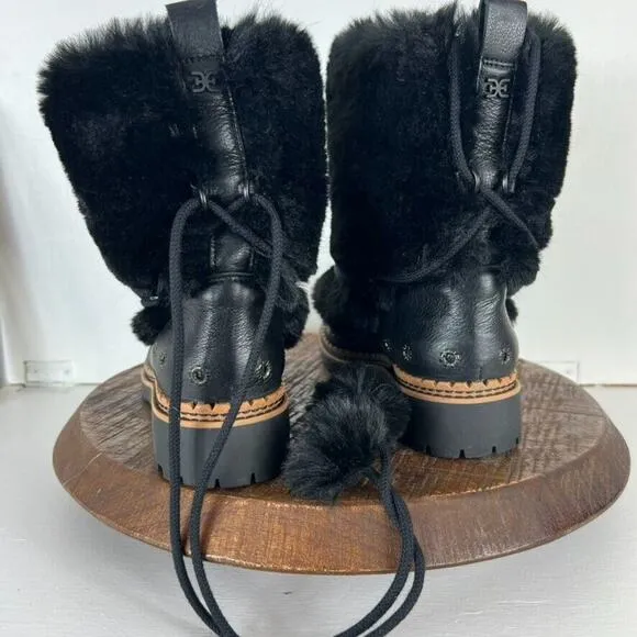 Sam Edelman Boots Women's Size 7.5 Blanche Black Leather Faux Fur Pom Pom Ankle