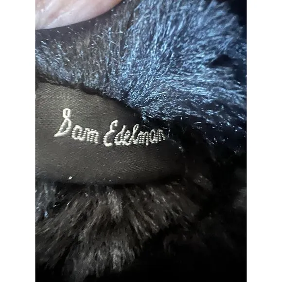 Sam Edelman Boots Women's Size 7.5 Blanche Black Leather Faux Fur Pom Pom Ankle