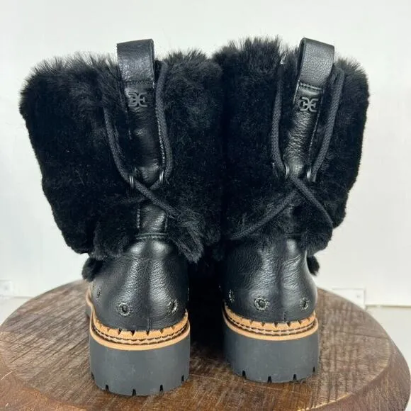 Sam Edelman Boots Women's Size 7.5 Blanche Black Leather Faux Fur Pom Pom Ankle