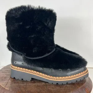 Sam Edelman Boots Women's Size 7.5 Blanche Black Leather Faux Fur Pom Pom Ankle