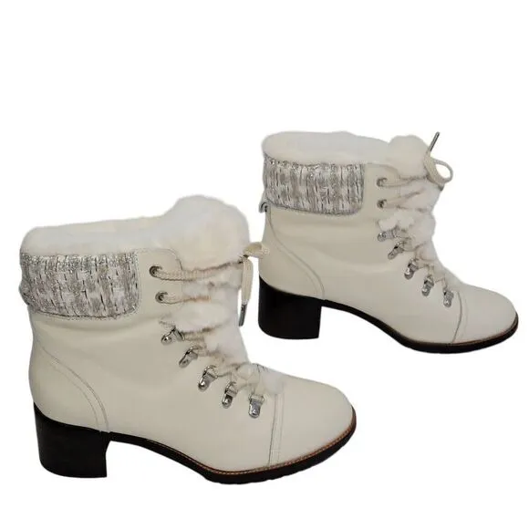 Sam Edelman Boots Womens Size 8 Manchester Ivory Leather Faux Fur Lace Up Heel