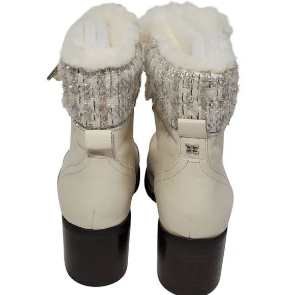 Sam Edelman Boots Womens Size 8 Manchester Ivory Leather Faux Fur Lace Up Heel