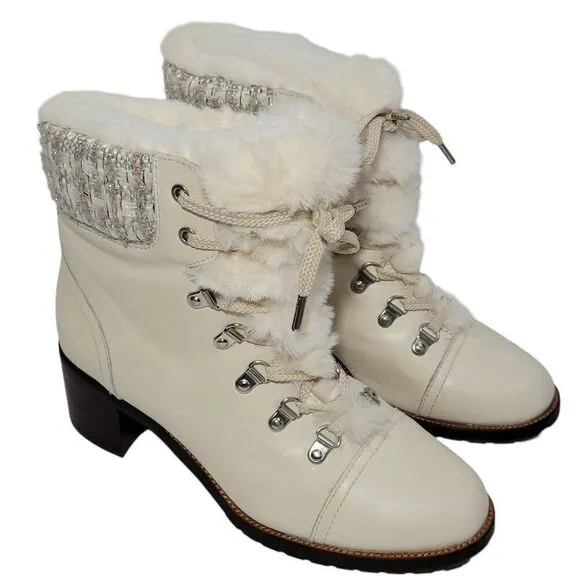 Sam Edelman Boots Womens Size 8 Manchester Ivory Leather Faux Fur Lace Up Heel