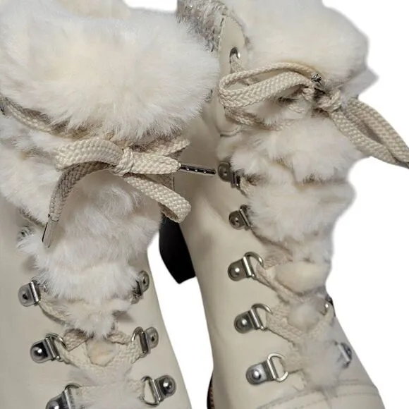 Sam Edelman Boots Womens Size 8 Manchester Ivory Leather Faux Fur Lace Up Heel
