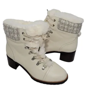 Sam Edelman Boots Womens Size 8 Manchester Ivory Leather Faux Fur Lace Up Heel