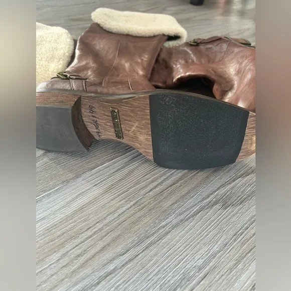✨Sam Edelman Kara Brown Leather Boots with Cream Fur Lining worn 5x
