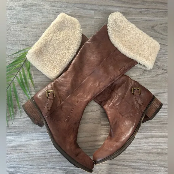 ✨Sam Edelman Kara Brown Leather Boots with Cream Fur Lining worn 5x