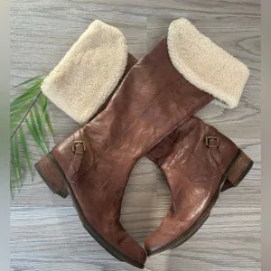 ✨Sam Edelman Kara Brown Leather Boots with Cream Fur Lining worn 5x