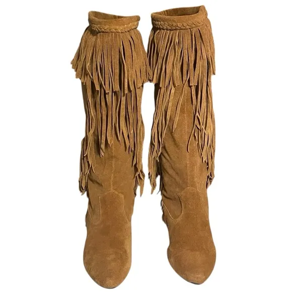 Sam Edelman LNC Utah Tall Fringe Boots Moccasin Chestnut Western Rodeo 6.5-7