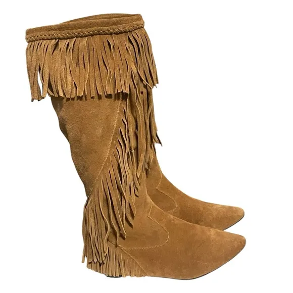 Sam Edelman LNC Utah Tall Fringe Boots Moccasin Chestnut Western Rodeo 6.5-7