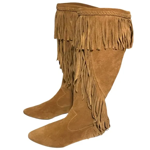 Sam Edelman LNC Utah Tall Fringe Boots Moccasin Chestnut Western Rodeo 6.5-7