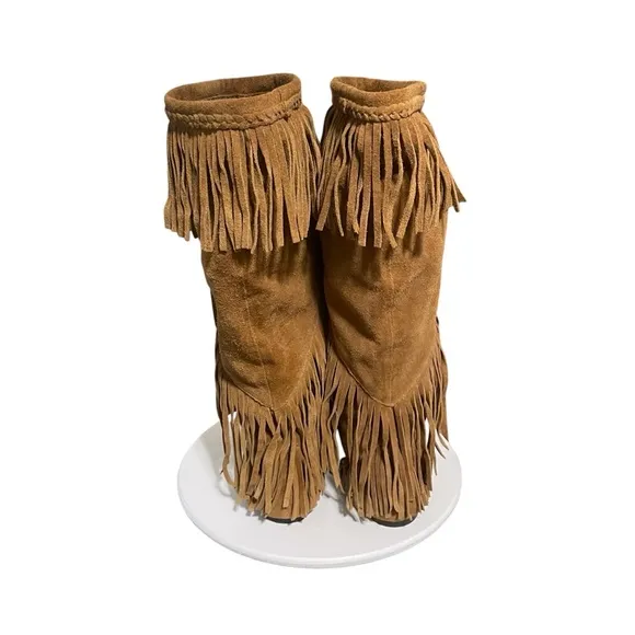 Sam Edelman LNC Utah Tall Fringe Boots Moccasin Chestnut Western Rodeo 6.5-7