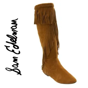 Sam Edelman LNC Utah Tall Fringe Boots Moccasin Chestnut Western Rodeo 6.5-7