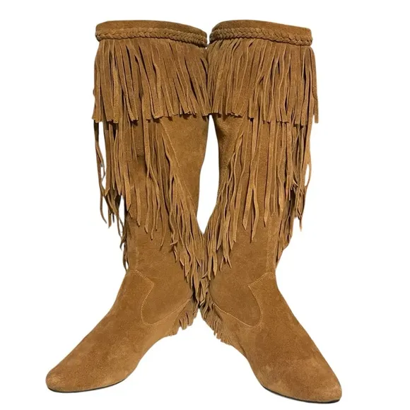 Sam Edelman LNC Utah Tall Fringe Boots Moccasin Chestnut Western Rodeo 6.5-7