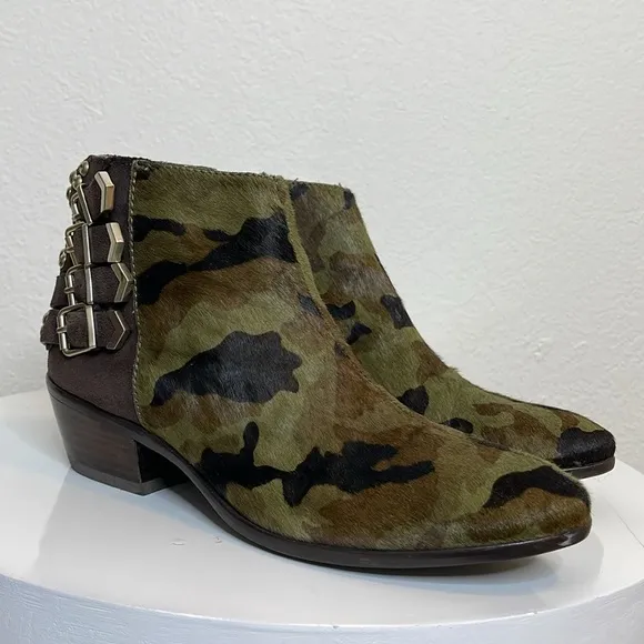 SAM EDELMAN PENROSE FAUX FUR CAMO LEATHER ANKLE BOOTS BOOTIES