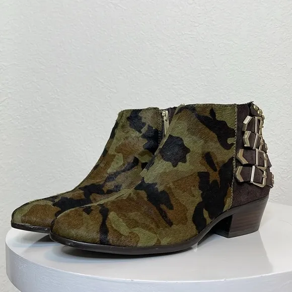 SAM EDELMAN PENROSE FAUX FUR CAMO LEATHER ANKLE BOOTS BOOTIES