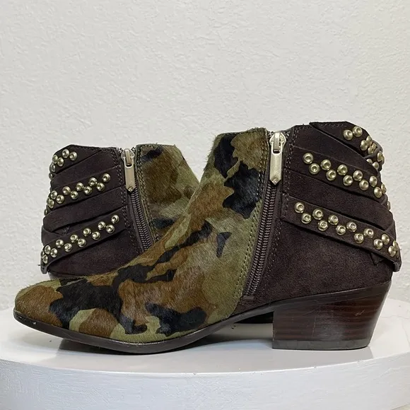 SAM EDELMAN PENROSE FAUX FUR CAMO LEATHER ANKLE BOOTS BOOTIES