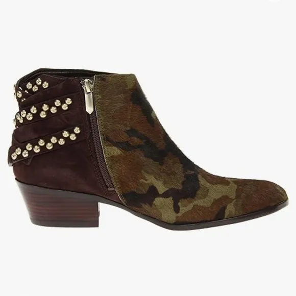 SAM EDELMAN PENROSE FAUX FUR CAMO LEATHER ANKLE BOOTS BOOTIES